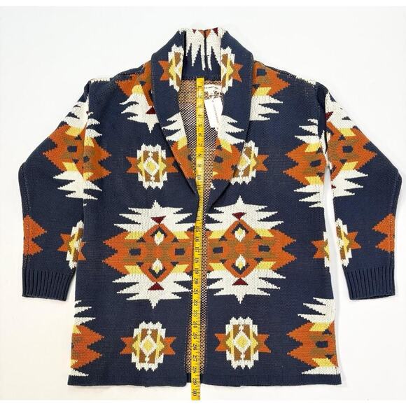 Lucky Brand Aztec Tribal Cardigan Sweater Coatigan Large Shawl Collar Southwest - Picture 4 of 11